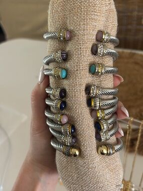 Mixed Gemstone Cable Cuff Bracelet - Silver with Gold Accents